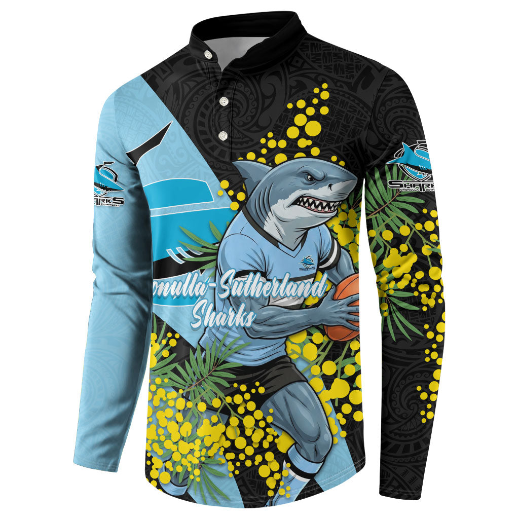 Cronulla Sutherland Sharks Button Sweatshirt Golden Wattle Floral Polynesian - Australian Flower - Rugby Mascot