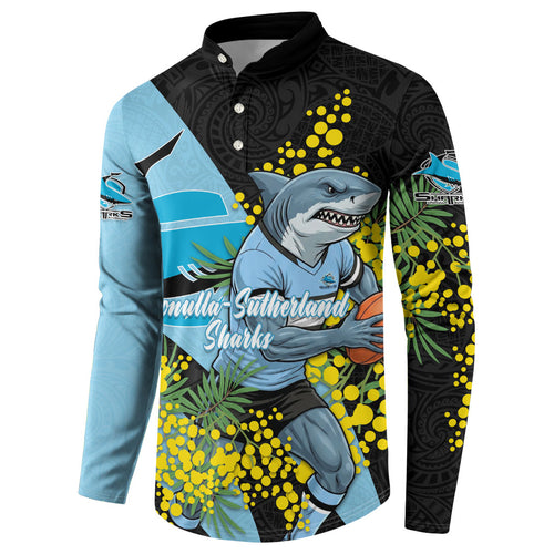 Cronulla Sutherland Sharks Button Sweatshirt Golden Wattle Floral Polynesian - Australian Flower - Rugby Mascot