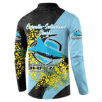 Cronulla Sutherland Sharks Button Sweatshirt Golden Wattle Floral Polynesian - Australian Flower - Rugby Mascot