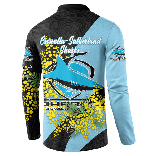 Cronulla Sutherland Sharks Button Sweatshirt Golden Wattle Floral Polynesian - Australian Flower - Rugby Mascot