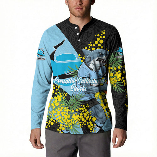 Cronulla Sutherland Sharks Button Sweatshirt Golden Wattle Floral Polynesian - Australian Flower - Rugby Mascot