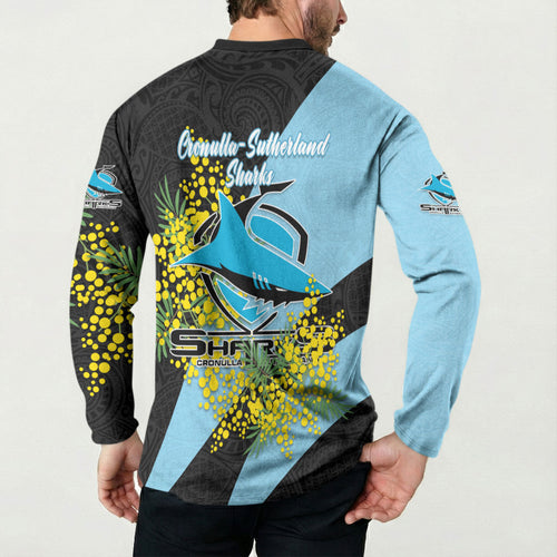 Cronulla Sutherland Sharks Button Sweatshirt Golden Wattle Floral Polynesian - Australian Flower - Rugby Mascot