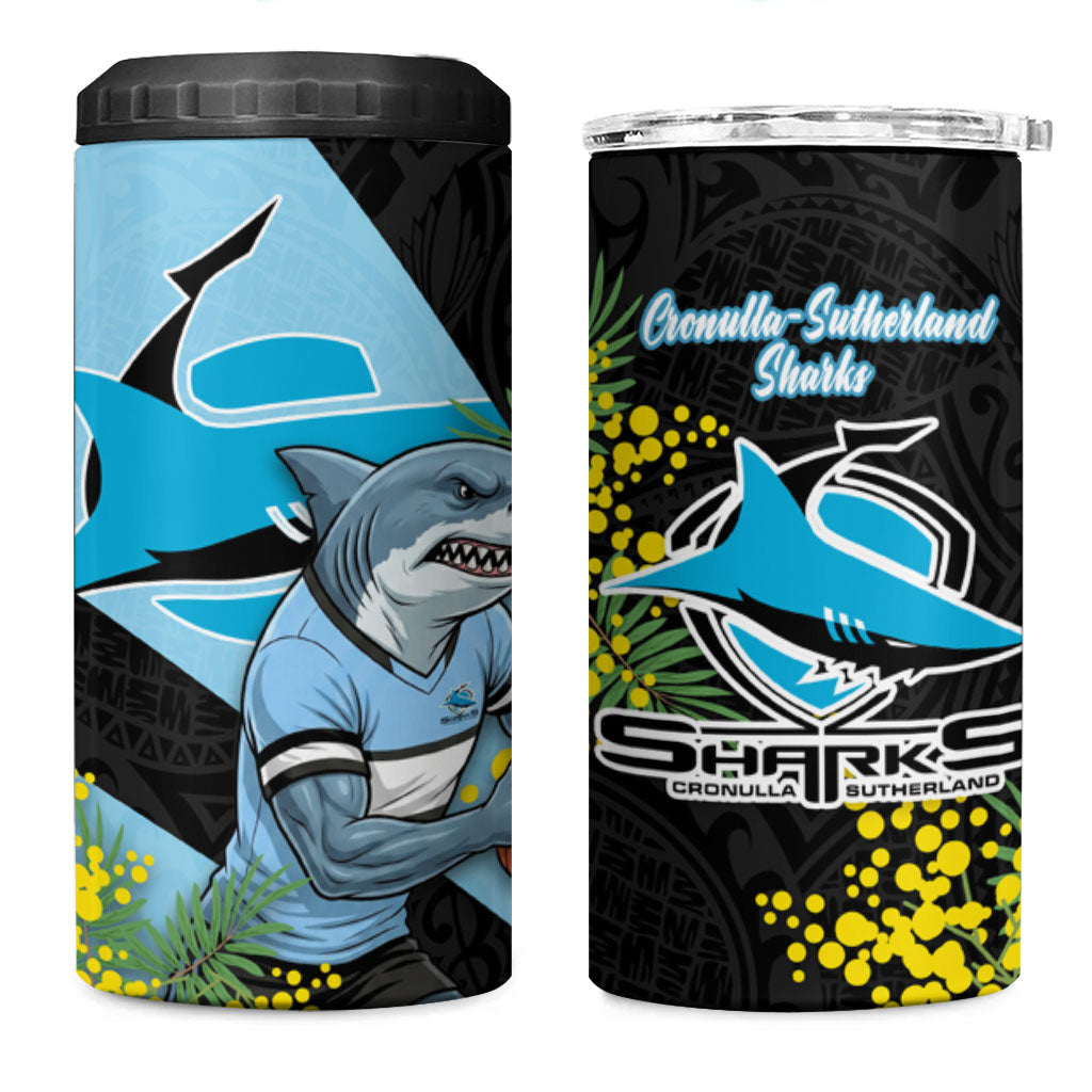 Cronulla Sutherland Sharks 4 in 1 Can Cooler Tumbler Golden Wattle Floral Polynesian - Australian Flower - Rugby Mascot