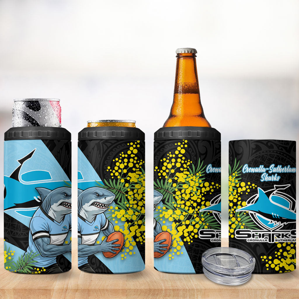 Cronulla Sutherland Sharks 4 in 1 Can Cooler Tumbler Golden Wattle Floral Polynesian - Australian Flower - Rugby Mascot