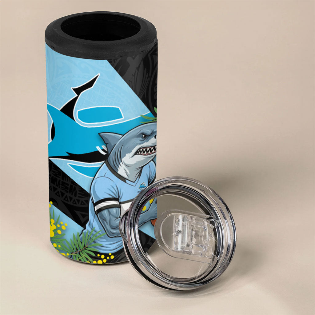 Cronulla Sutherland Sharks 4 in 1 Can Cooler Tumbler Golden Wattle Floral Polynesian - Australian Flower - Rugby Mascot
