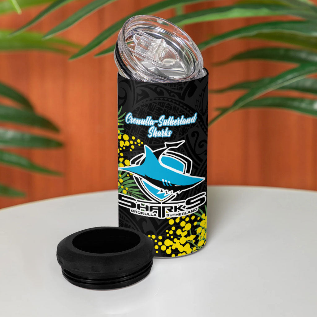 Cronulla Sutherland Sharks 4 in 1 Can Cooler Tumbler Golden Wattle Floral Polynesian - Australian Flower - Rugby Mascot
