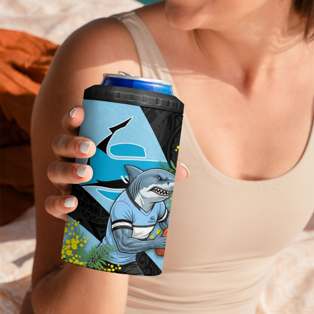 Cronulla Sutherland Sharks 4 in 1 Can Cooler Tumbler Golden Wattle Floral Polynesian - Australian Flower - Rugby Mascot