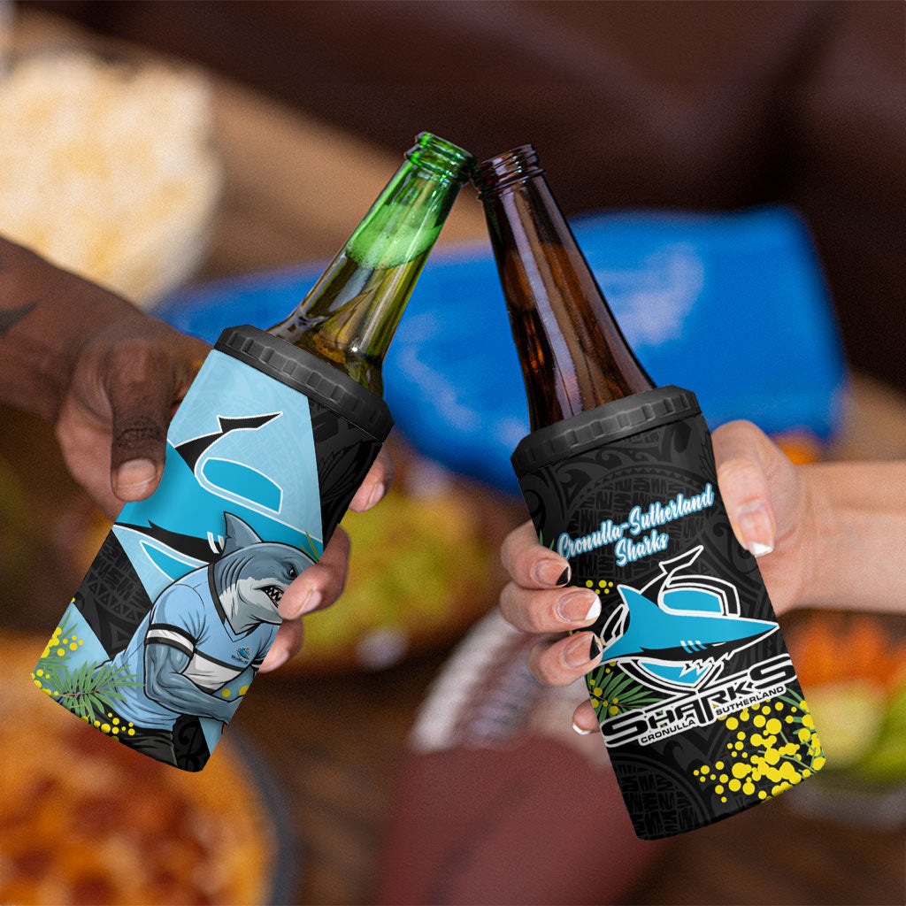 Cronulla Sutherland Sharks 4 in 1 Can Cooler Tumbler Golden Wattle Floral Polynesian - Australian Flower - Rugby Mascot