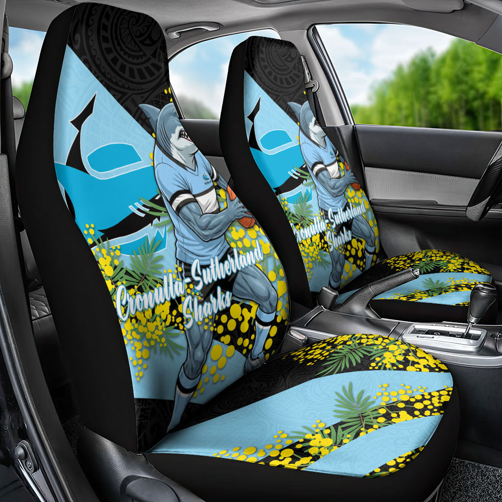 Cronulla Sutherland Sharks Car Seat Cover Golden Wattle Floral Polynesian - Australian Flower - Rugby Mascot