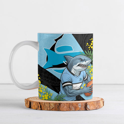 Cronulla Sutherland Sharks Ceramic Mug Golden Wattle Floral Polynesian - Australian Flower - Rugby Mascot