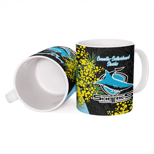 Cronulla Sutherland Sharks Ceramic Mug Golden Wattle Floral Polynesian - Australian Flower - Rugby Mascot