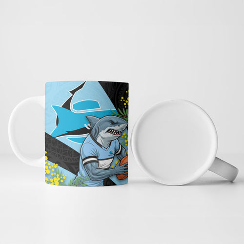 Cronulla Sutherland Sharks Ceramic Mug Golden Wattle Floral Polynesian - Australian Flower - Rugby Mascot