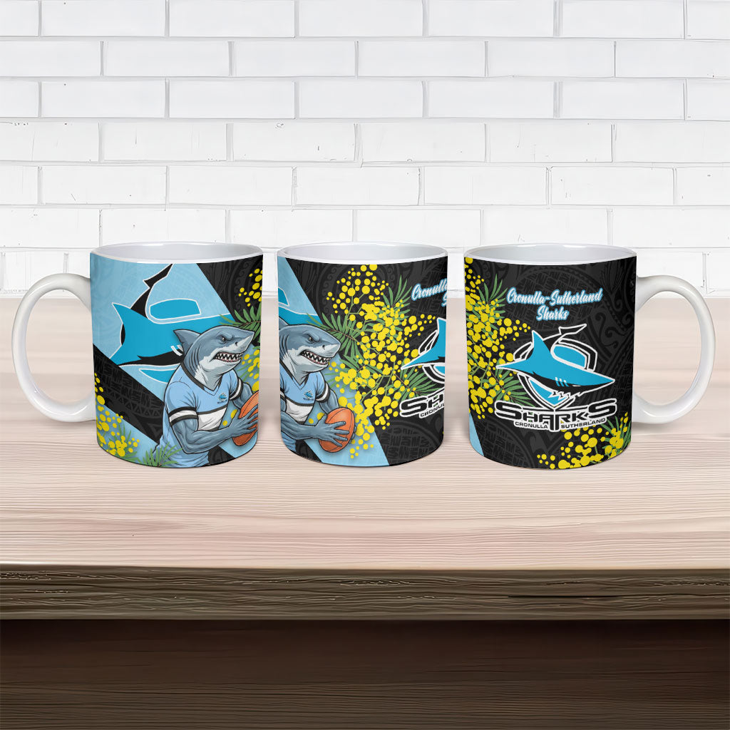 Cronulla Sutherland Sharks Ceramic Mug Golden Wattle Floral Polynesian - Australian Flower - Rugby Mascot