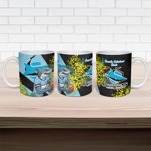 Cronulla Sutherland Sharks Ceramic Mug Golden Wattle Floral Polynesian - Australian Flower - Rugby Mascot