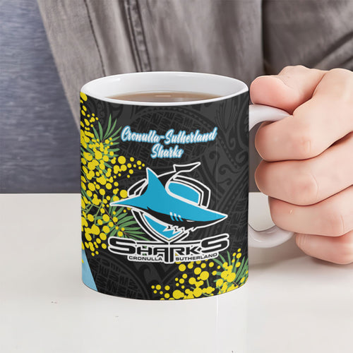 Cronulla Sutherland Sharks Ceramic Mug Golden Wattle Floral Polynesian - Australian Flower - Rugby Mascot