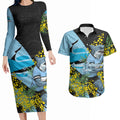 Cronulla Sutherland Sharks Couples Matching Long Sleeve Bodycon Dress and Hawaiian Shirt Golden Wattle Floral Polynesian - Australian Flower - Rugby Mascot