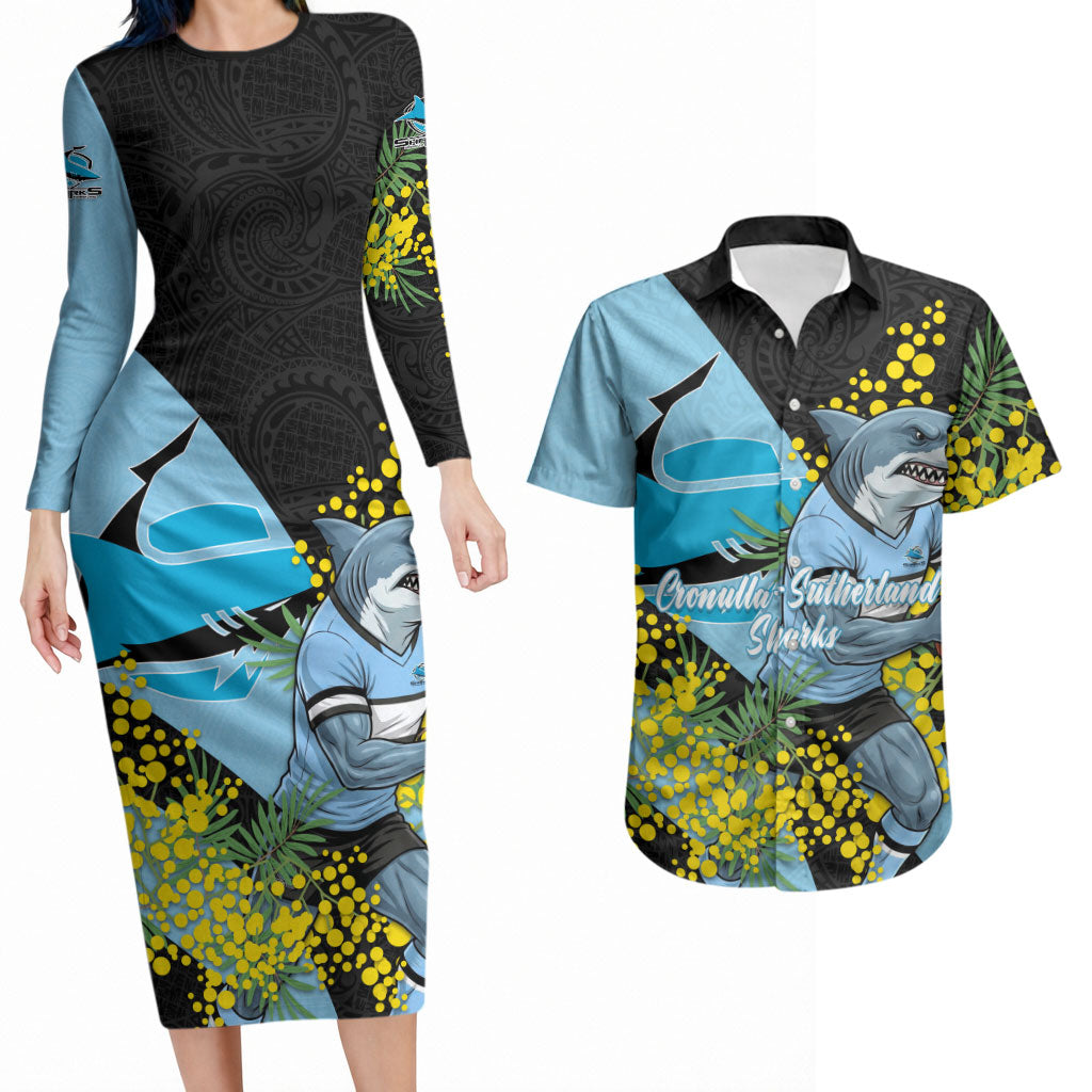 Cronulla Sutherland Sharks Couples Matching Long Sleeve Bodycon Dress and Hawaiian Shirt Golden Wattle Floral Polynesian - Australian Flower - Rugby Mascot