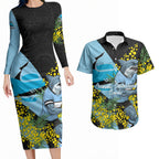 Cronulla Sutherland Sharks Couples Matching Long Sleeve Bodycon Dress and Hawaiian Shirt Golden Wattle Floral Polynesian - Australian Flower - Rugby Mascot
