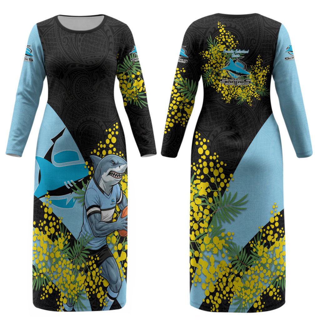 Cronulla Sutherland Sharks Couples Matching Long Sleeve Bodycon Dress and Hawaiian Shirt Golden Wattle Floral Polynesian - Australian Flower - Rugby Mascot