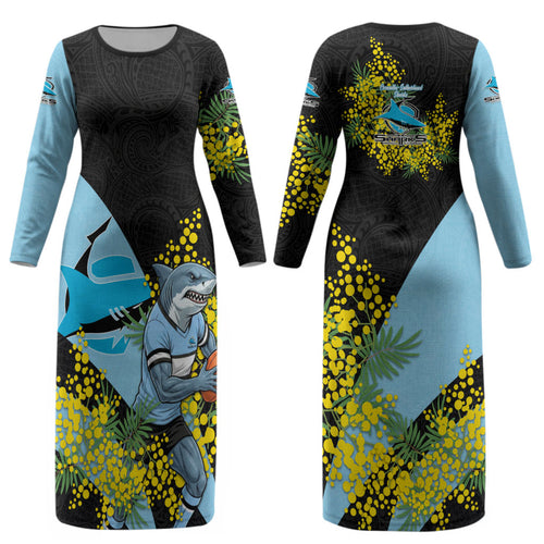 Cronulla Sutherland Sharks Couples Matching Long Sleeve Bodycon Dress and Hawaiian Shirt Golden Wattle Floral Polynesian - Australian Flower - Rugby Mascot