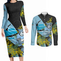 Cronulla Sutherland Sharks Couples Matching Long Sleeve Bodycon Dress and Long Sleeve Button Shirt Golden Wattle Floral Polynesian - Australian Flower - Rugby Mascot