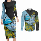 Cronulla Sutherland Sharks Couples Matching Long Sleeve Bodycon Dress and Long Sleeve Button Shirt Golden Wattle Floral Polynesian - Australian Flower - Rugby Mascot