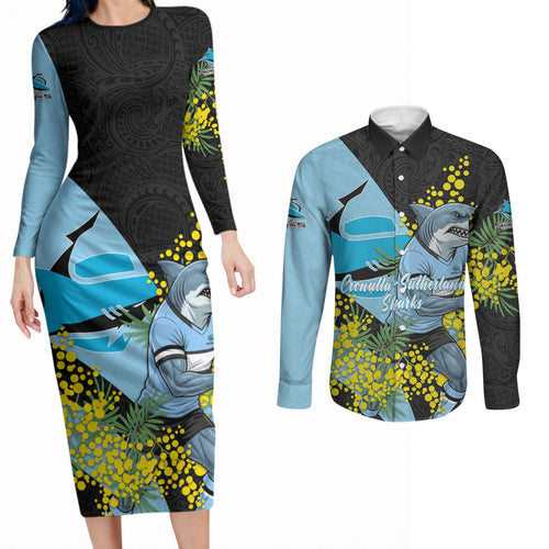 Cronulla Sutherland Sharks Couples Matching Long Sleeve Bodycon Dress and Long Sleeve Button Shirt Golden Wattle Floral Polynesian - Australian Flower - Rugby Mascot