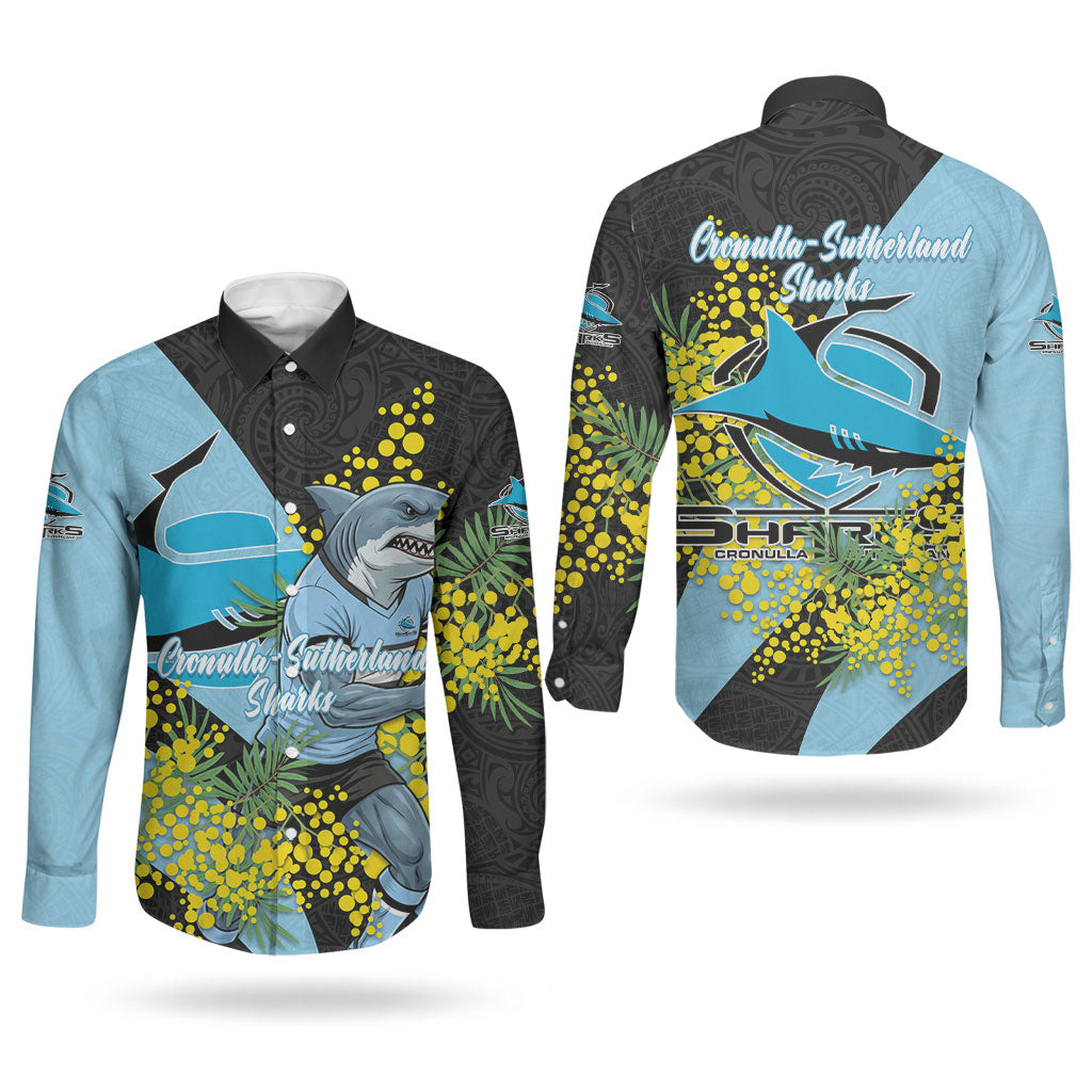 Cronulla Sutherland Sharks Couples Matching Long Sleeve Bodycon Dress and Long Sleeve Button Shirt Golden Wattle Floral Polynesian - Australian Flower - Rugby Mascot
