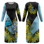 Cronulla Sutherland Sharks Couples Matching Long Sleeve Bodycon Dress and Long Sleeve Button Shirt Golden Wattle Floral Polynesian - Australian Flower - Rugby Mascot