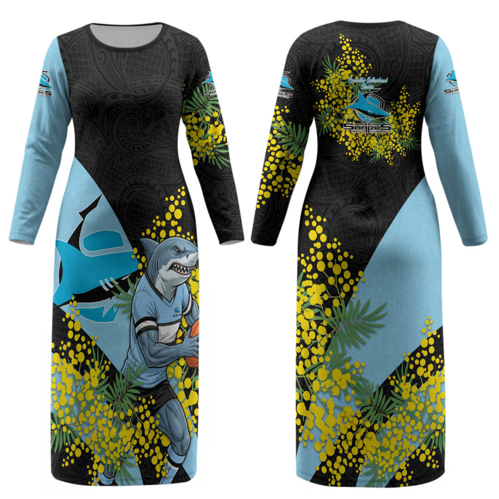 Cronulla Sutherland Sharks Couples Matching Long Sleeve Bodycon Dress and Long Sleeve Button Shirt Golden Wattle Floral Polynesian - Australian Flower - Rugby Mascot