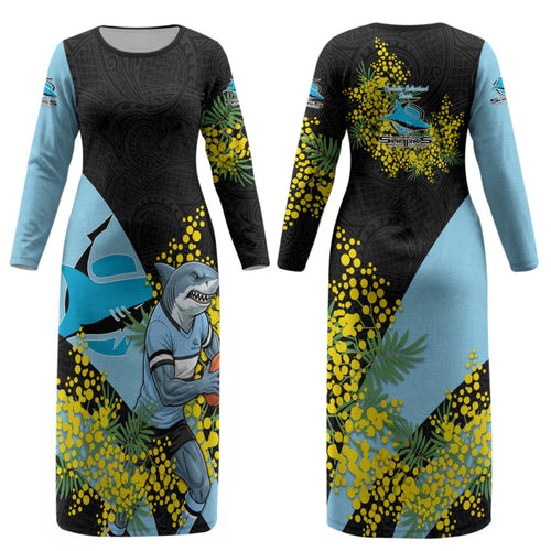 Cronulla Sutherland Sharks Couples Matching Long Sleeve Bodycon Dress and Long Sleeve Button Shirt Golden Wattle Floral Polynesian - Australian Flower - Rugby Mascot