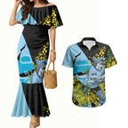 Cronulla Sutherland Sharks Couples Matching Mermaid Dress and Hawaiian Shirt Golden Wattle Floral Polynesian - Australian Flower - Rugby Mascot