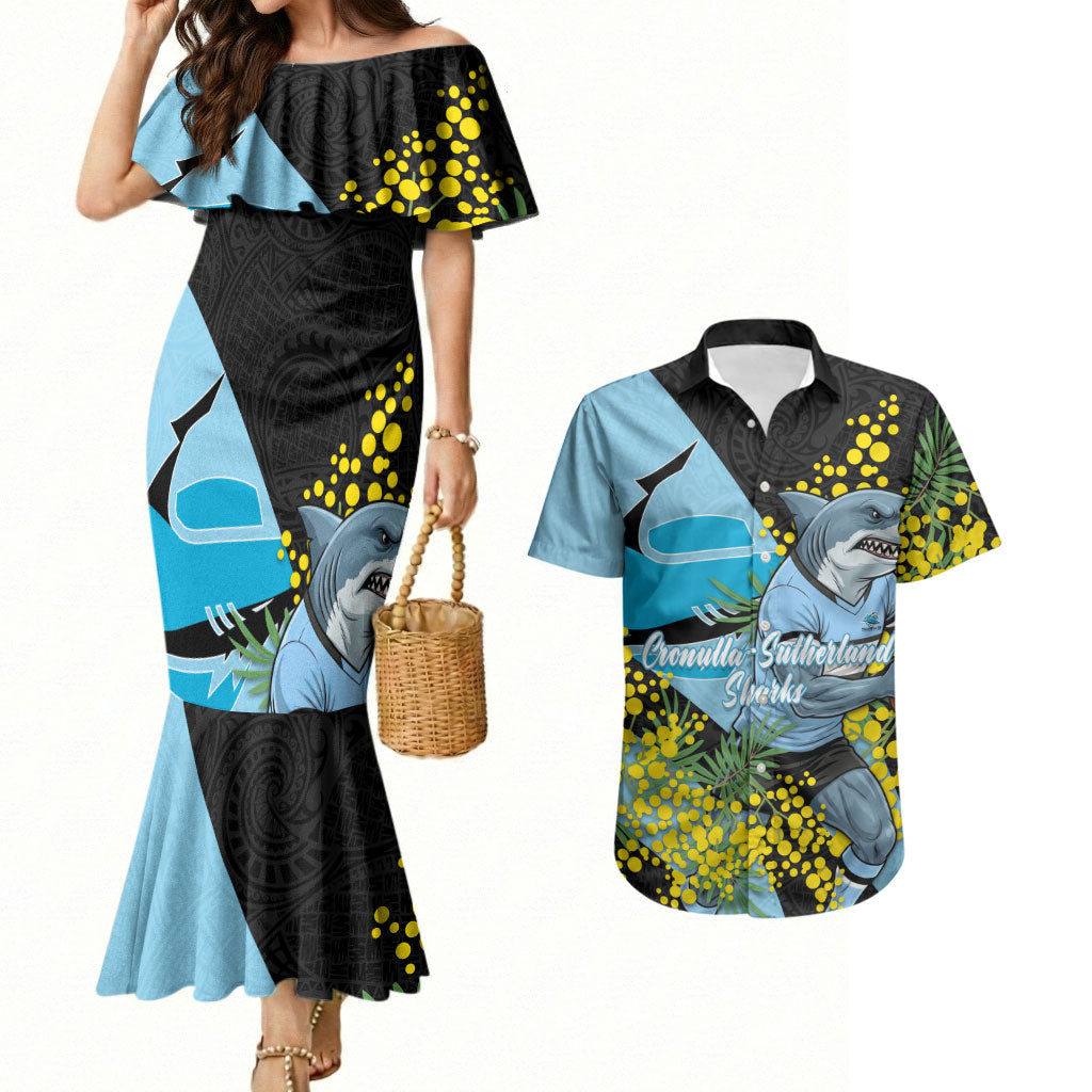 Cronulla Sutherland Sharks Couples Matching Mermaid Dress and Hawaiian Shirt Golden Wattle Floral Polynesian - Australian Flower - Rugby Mascot