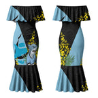 Cronulla Sutherland Sharks Couples Matching Mermaid Dress and Hawaiian Shirt Golden Wattle Floral Polynesian - Australian Flower - Rugby Mascot