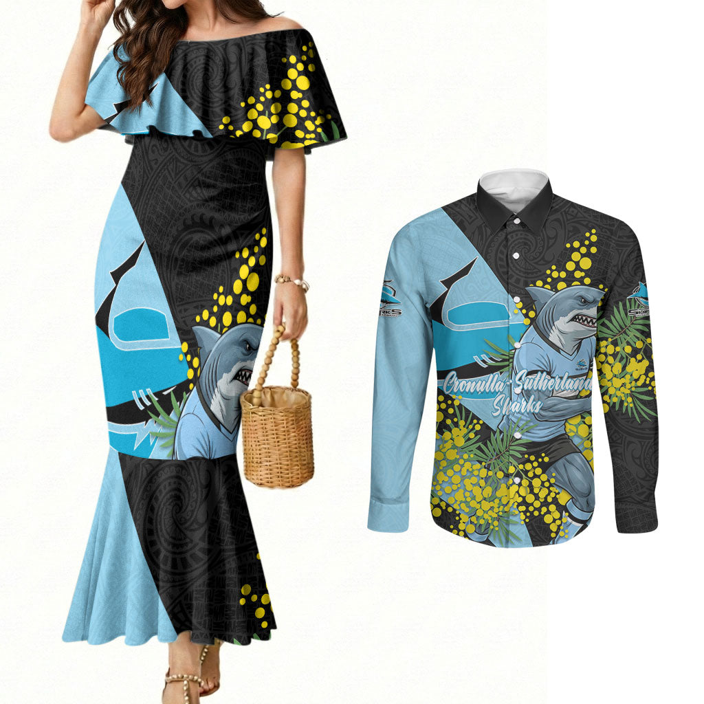 Cronulla Sutherland Sharks Couples Matching Mermaid Dress and Long Sleeve Button Shirt Golden Wattle Floral Polynesian - Australian Flower - Rugby Mascot
