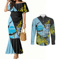 Cronulla Sutherland Sharks Couples Matching Mermaid Dress and Long Sleeve Button Shirt Golden Wattle Floral Polynesian - Australian Flower - Rugby Mascot