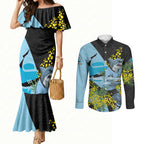 Cronulla Sutherland Sharks Couples Matching Mermaid Dress and Long Sleeve Button Shirt Golden Wattle Floral Polynesian - Australian Flower - Rugby Mascot