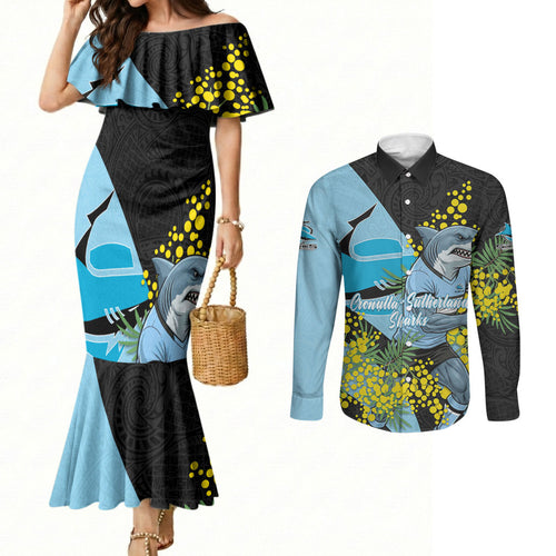 Cronulla Sutherland Sharks Couples Matching Mermaid Dress and Long Sleeve Button Shirt Golden Wattle Floral Polynesian - Australian Flower - Rugby Mascot
