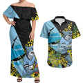 Cronulla Sutherland Sharks Couples Matching Off Shoulder Maxi Dress and Hawaiian Shirt Golden Wattle Floral Polynesian - Australian Flower - Rugby Mascot