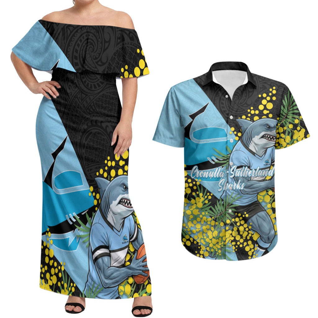 Cronulla Sutherland Sharks Couples Matching Off Shoulder Maxi Dress and Hawaiian Shirt Golden Wattle Floral Polynesian - Australian Flower - Rugby Mascot