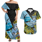 Cronulla Sutherland Sharks Couples Matching Off Shoulder Maxi Dress and Hawaiian Shirt Golden Wattle Floral Polynesian - Australian Flower - Rugby Mascot
