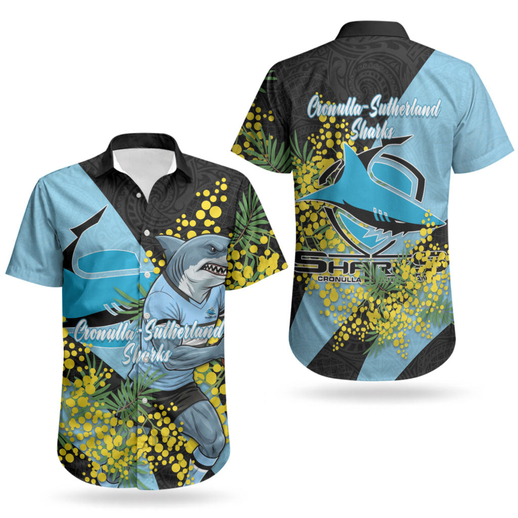 Cronulla Sutherland Sharks Couples Matching Off Shoulder Maxi Dress and Hawaiian Shirt Golden Wattle Floral Polynesian - Australian Flower - Rugby Mascot
