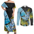 Cronulla Sutherland Sharks Couples Matching Off Shoulder Maxi Dress and Long Sleeve Button Shirt Golden Wattle Floral Polynesian - Australian Flower - Rugby Mascot
