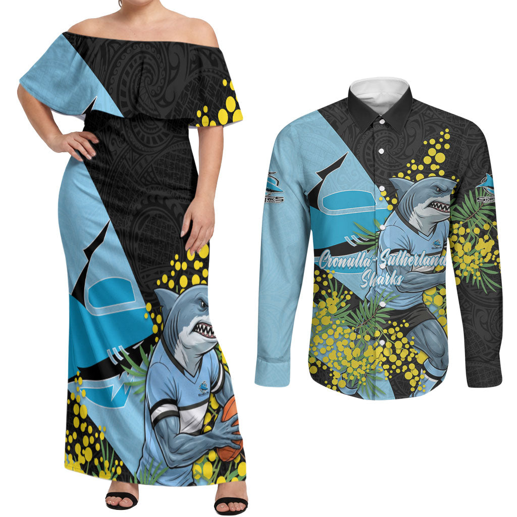 Cronulla Sutherland Sharks Couples Matching Off Shoulder Maxi Dress and Long Sleeve Button Shirt Golden Wattle Floral Polynesian - Australian Flower - Rugby Mascot