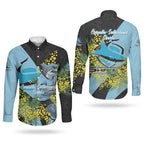 Cronulla Sutherland Sharks Couples Matching Off Shoulder Maxi Dress and Long Sleeve Button Shirt Golden Wattle Floral Polynesian - Australian Flower - Rugby Mascot