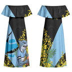 Cronulla Sutherland Sharks Couples Matching Off Shoulder Maxi Dress and Long Sleeve Button Shirt Golden Wattle Floral Polynesian - Australian Flower - Rugby Mascot