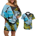 Cronulla Sutherland Sharks Couples Matching Off Shoulder Short Dress and Hawaiian Shirt Golden Wattle Floral Polynesian - Australian Flower - Rugby Mascot