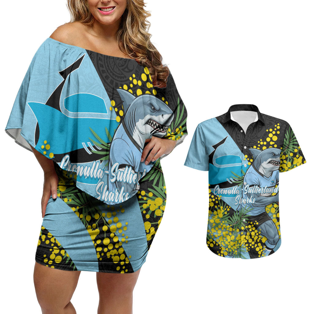 Cronulla Sutherland Sharks Couples Matching Off Shoulder Short Dress and Hawaiian Shirt Golden Wattle Floral Polynesian - Australian Flower - Rugby Mascot