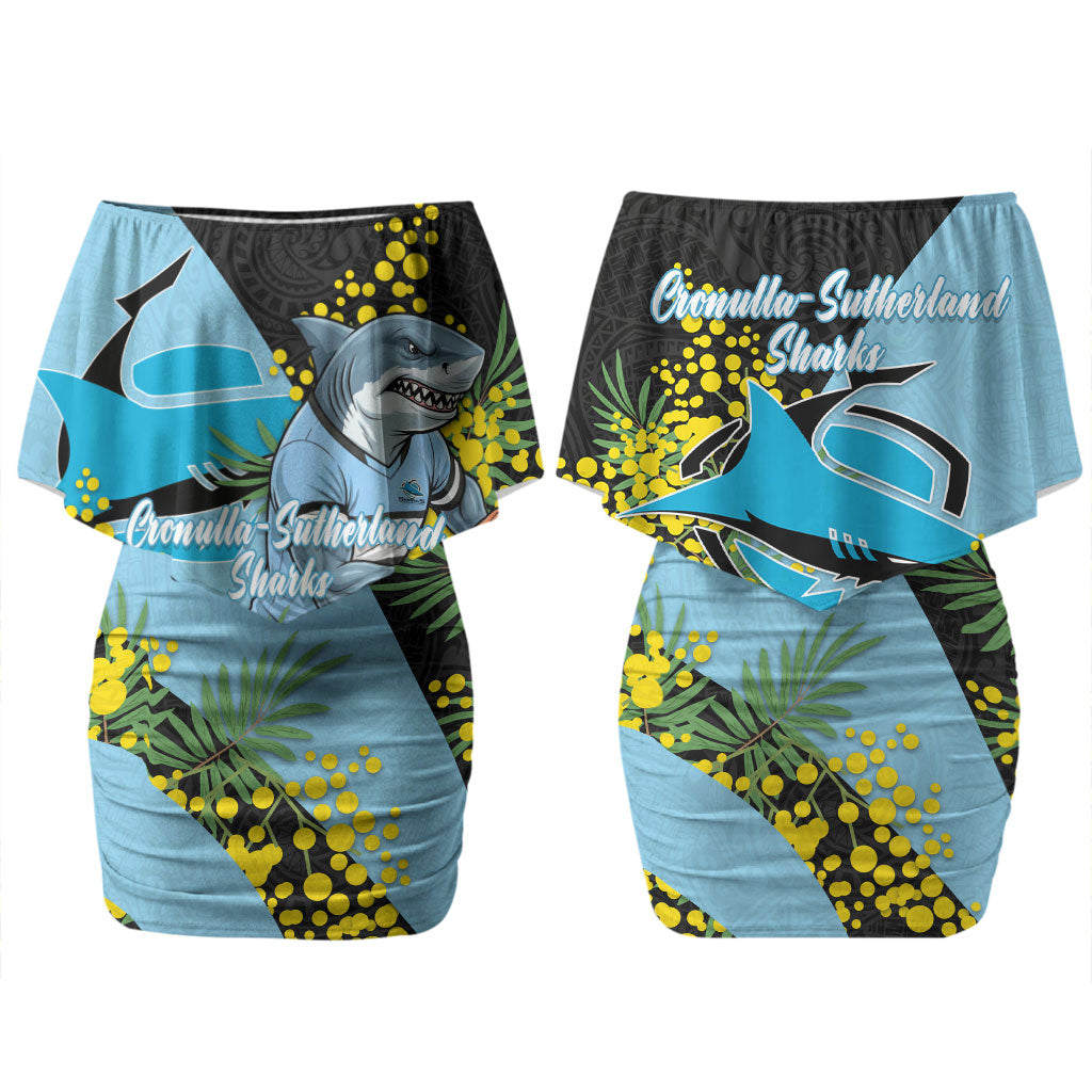 Cronulla Sutherland Sharks Couples Matching Off Shoulder Short Dress and Hawaiian Shirt Golden Wattle Floral Polynesian - Australian Flower - Rugby Mascot
