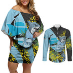 Cronulla Sutherland Sharks Couples Matching Off Shoulder Short Dress and Long Sleeve Button Shirt Golden Wattle Floral Polynesian - Australian Flower - Rugby Mascot